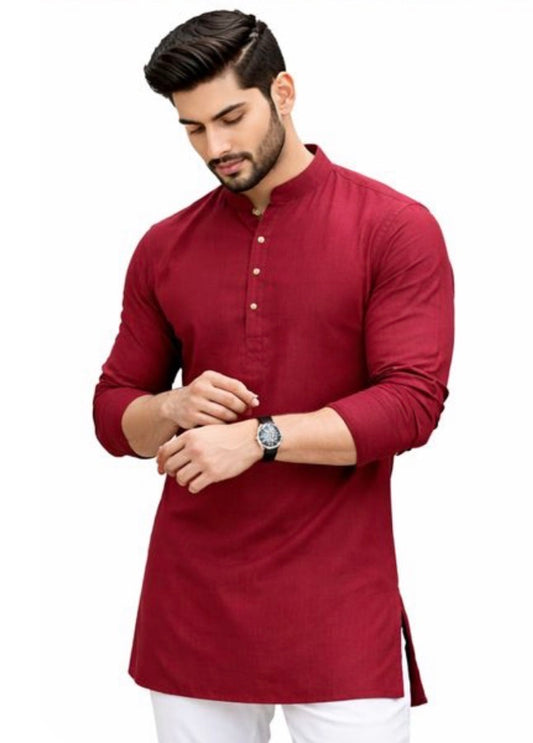 Men’s Solid Teal Maroon  Kurta with Mandarin Collar