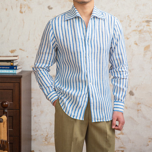 Linen Striped Long-sleeved Shirt With One Collar
